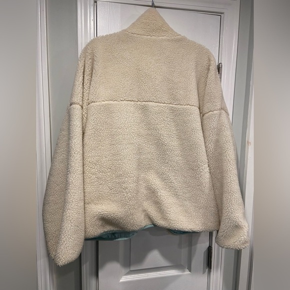 Gap Size XXL Cream Full Zip Teddy Fleece Jacket Blue Neon Pockets Mock Neck - Picture 12 of 12